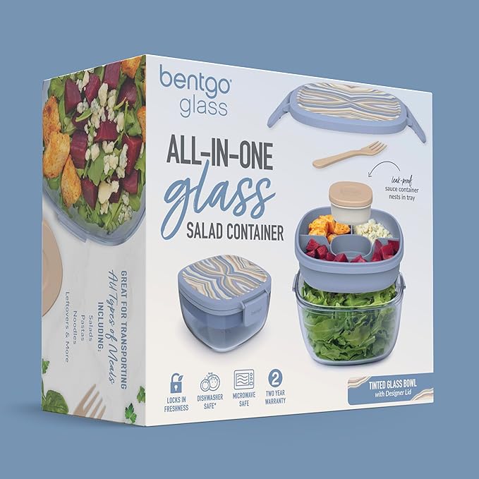 Bentgo Glass Prints Salad Container - 7.6-Cup Tinted Glass Salad Bowl with Airtight Lid, Leak-Proof Sauce Container, 4-Compartment Bento Meal Prep Tray & Reusable Fork (Wildly Chic - Soft Blue)