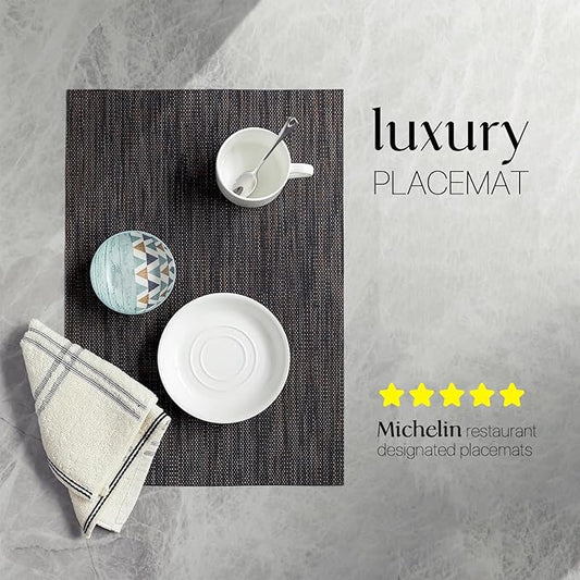 LEXMORE PlaceMats Set of 12 Vinyl/Plastic Woven Place Mats for Kitchen Table Indoor/Outdoor Washable PlaceMat Wipeable Dining Table Mats(Black/Brown)