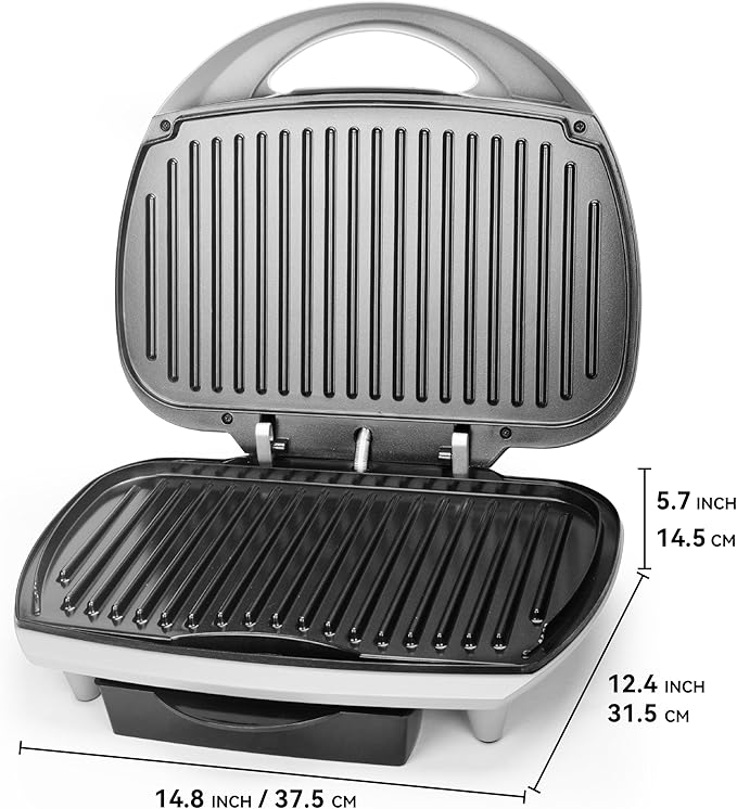 Family-sized Contact Grill, 6-Serving Electric Indoor Grill with Adjustable Temp Control, Ceramic Coating, 1500W, Silver