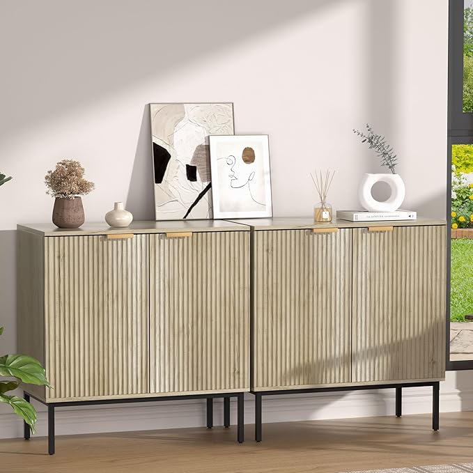 Fluted Sideboard, Buffet Cabinet with Storage, Wooden with Doors and Shelves, Accent Cabinet for Living Dining Room, Entryway