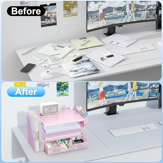 gianotter Wood Desk Organizers and Accessories with File Holder, 4-Tier Desk Accessories & Workspace Organizers with Drawer and 2 Pen Holder, Desk Reference Organizer (Pink, 4T with Metal Drawer)