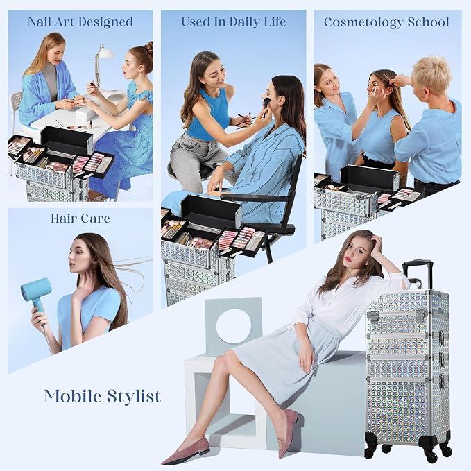 Stagiant Rolling Makeup Case Cosmetology Case on Wheels 4 in 1 Large Cosmetic Organizer Train Case Makeup Travel Case with Key Nail Artist Salon Storage Traveling Cart Big Trunk Shiny Silver