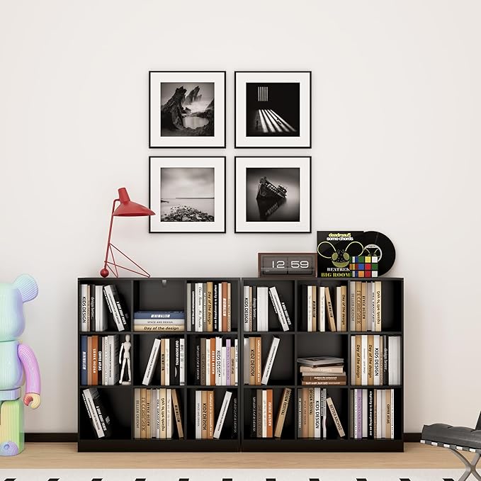 Black Bookshelf, Wooden Bookshelf with Base, Cube Storage Organizer, Bookcase for Living Room,Bedroom,Study and Office(Black, 9-Cube)