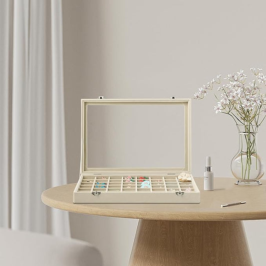Frebeauty 40 Grid Jewelry Tray,Adjustable Earring Holder Organizer with Glass Lid,Velvet Drawer Jewelry Organizer for Rings,Studs,13.8 x 9.5 x 2 Inches Jewelry Display Box,Gift for Women(Beige)