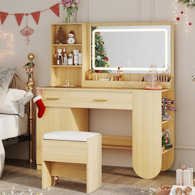 GOODONE 47'' Wood Vanity Desk with Mirror and Lights, Makeup Girls Vanity Set with 2 Drawers, 2 Storage Shelves & 1 Cabinet, Power Outlet, Stool, Dressing Table for Bedroom, Nature