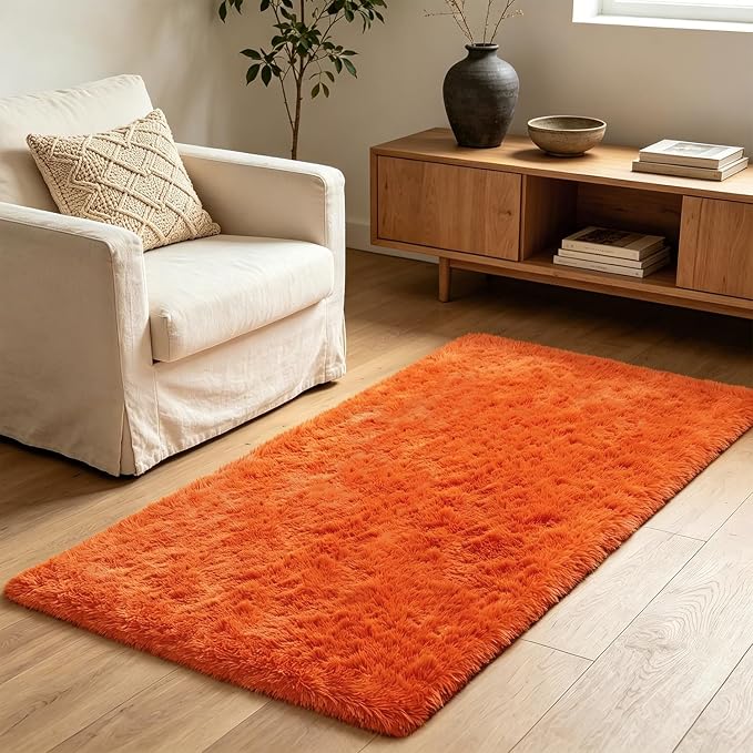 Shag Runner Rug for Bedroom Living Room 3x7 Upgrade Non-Slip Fluffy Soft Bedside Rugs,Orange Shaggy Carpet for Livingroom Dorm Home Decor Aesthetic