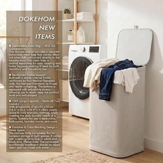 DOKEHOM 100L Laundry Hamper with Lid, Large Collapsible Laundry Basket with Removable Mesh Liner Bag, Collapsible Clothes Sorter for Bedroom, Bathroom, College Dorm, Light Grey