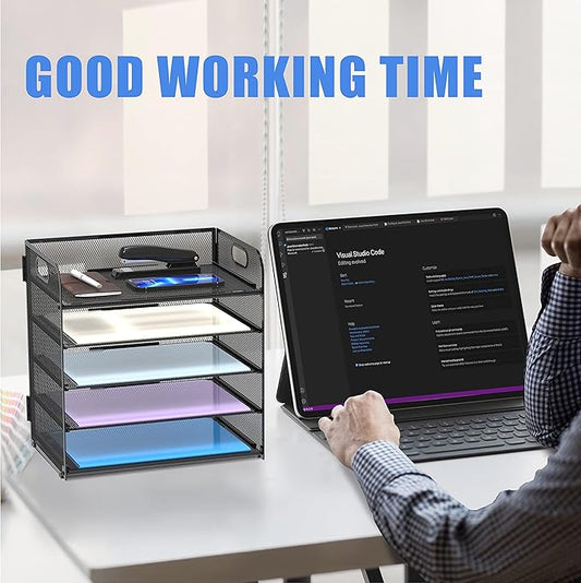 Supeasy 2 Pack 5-Tier Desk Organizer with Handle Mesh Desk File/Paper Organizer Letter Tray for Office, School, Classroom and Home Easy Installation, Black