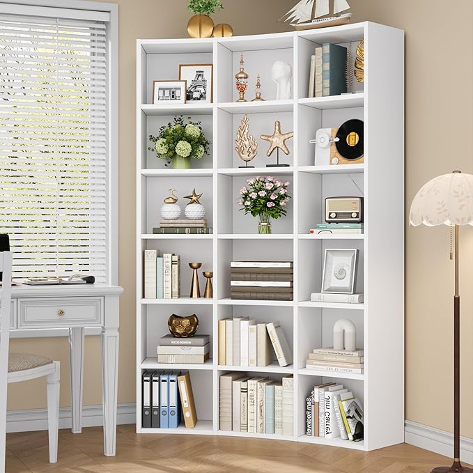 Semoic 71" Bookcase,Curved Bookshelf,Triple Width 6 Tier Bookcase with Storage Cabinet,Modern Tall Bookshelf with 18 Open Display Shelves, Floor Standing Book Shelf for Living Room,White