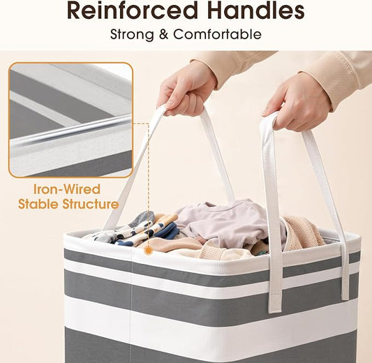 HomeHacks 2 Pack Large Laundry Baskets, Waterproof, Freestanding Laundry Hampers, Collapsible Clothes Hamper with Reinforced Handles in Laundry Room, College Dorm, Bathroom, Bedroom (Grey, 75Lx2)