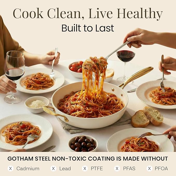 GOTHAM STEEL 14 Inch Frying Pan with Lid, Ceramic Nonstick Skillet, Non Toxic PFOA PFOS Free, Extra Large for Family, Dishwasher & Oven Safe 500°F, Cream