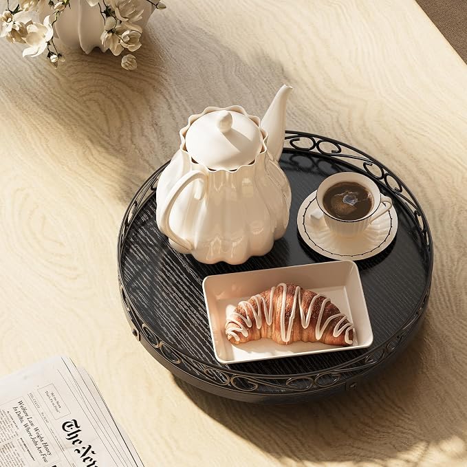 Yoobure 9" Lazy Susan Turntable for Cabinet - Farmhouse Wooden Round Tray for Table Top, 360° Rotating Lazy Susans Counter Organizer with Patterned Raised Edge for Kitchen Dining Table Decor, Black