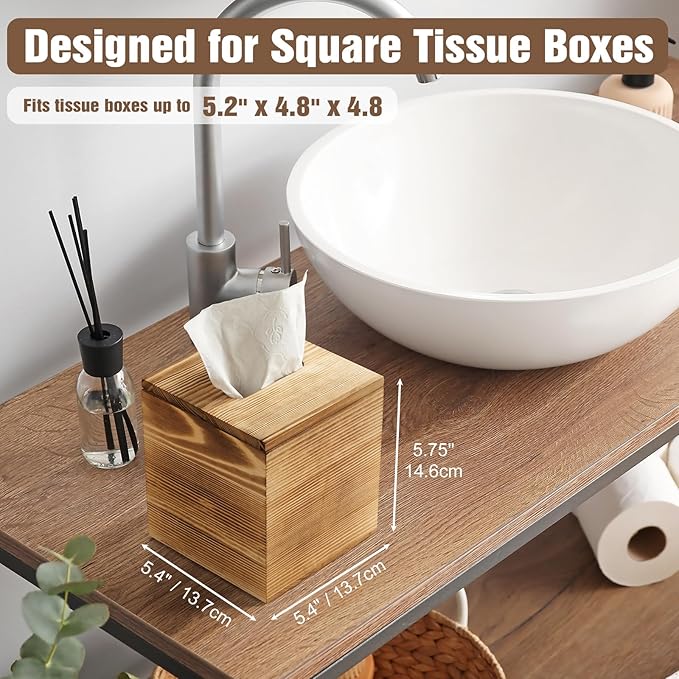 Dreamkey Square Burnt Wood Tissue Box Cover, Rustic Solid Wood Tissue Box Holder with Removable Top Lid for Bathroom, Bedroom, Living Room, Office, Brown