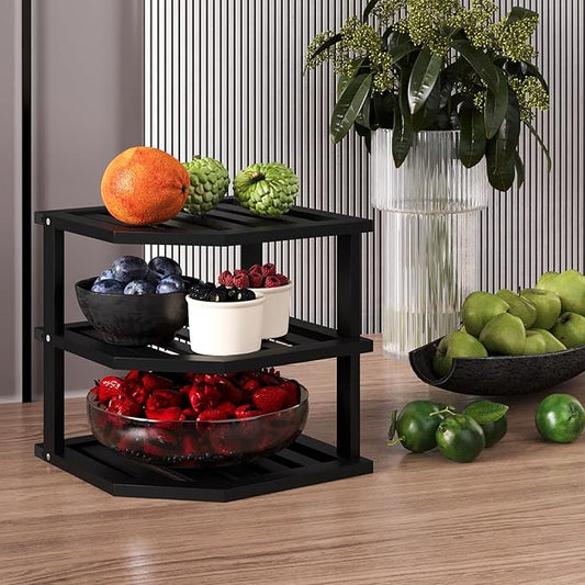 3 Tier Bamboo Corner Shelf(4 Pack),Dish Drying Rack,Plate Organizer,Kitchen Spice Rack for Countertop and Cabinet(Black)