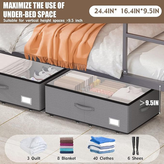 EE-RoomWorld Under Bed Storage with Wheels, No Assemble Required 10 inches height Under Bed Storage bins,Large capacity Rolling Underbed Shoe Storage containers,dorm underbed storage drawers