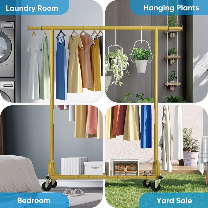 HOKEEPER Clothing Rack Gold Clothes Rack Heavy Duty Garment Rack for Hanging Clothes 525LBS Commercial Clothing Racks with Wheels for Bedroom, Laundry, Balcony, Living Room 22" D x 75" W x 71" H