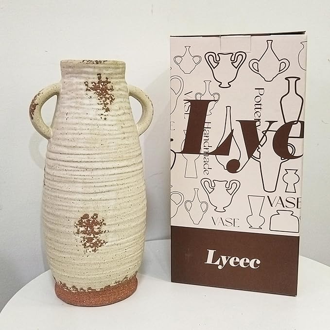 Ceramic Flower Vase with Handles, 12.3 Inch Tall Vase for Centerpieces, Large Decorative Terracotta Vases, Farmhouse Rustic Vases for Home Decor, Living Room, Table, Neutral