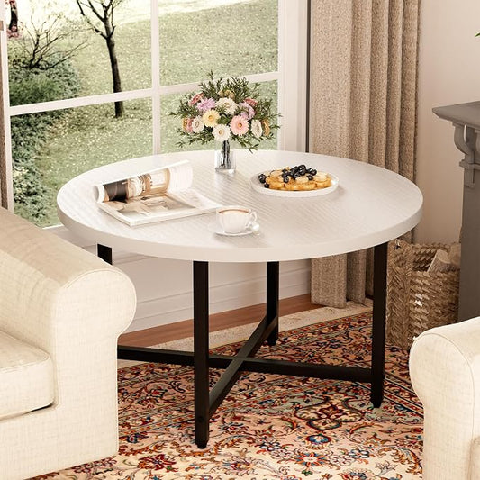 FAMIDGE Round Coffee Table, Small Coffee Tables for Living Room, Low Wood Coffee Table with Metal Frame, Floor Table Desk for Sitting on The Floor, Home, Office, White(23.6" D x 17.7" H)