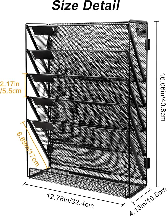 EasyPAG Mesh Wall File Organizer 5 Tier Letter-Sized Assemble Desk/Wall Mount File Holder Mail Organizer for Office Home and Classroom, 2 Pack Black