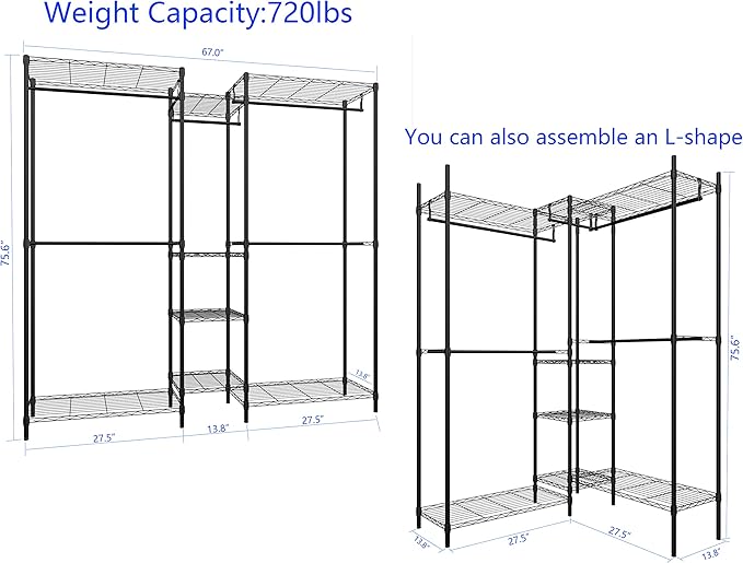 Heavy Duty Clothes Rack for Hanging Clothes, Metal Garment Rack,Large Capacity Portable Clothing Rack,Freestanding Open Wardrobe Organizer Rack, 67.0"L x 13.8"W x 75.6"H Max Load 720LBS, Black