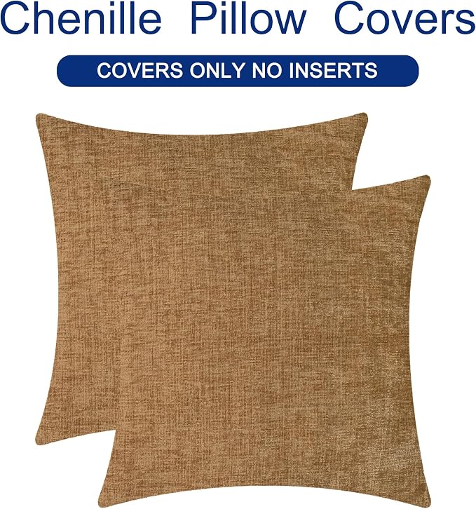CaliTime Throw Pillow Covers Decorative 26 X 26 Inches Pack of 2 Cozy Chenille Cushion Cases for Couch Sofa Bed Living Room Home Apricot Brown