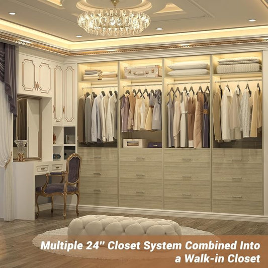 Besiost Freestanding 2FT Closet System with 3 Wood Drawers, 24" Closet Organizer System with Hanging Rod & Shelves, Walk-in Closet Systems for Small Closet, White Oak (24"L*15"W*80"H)