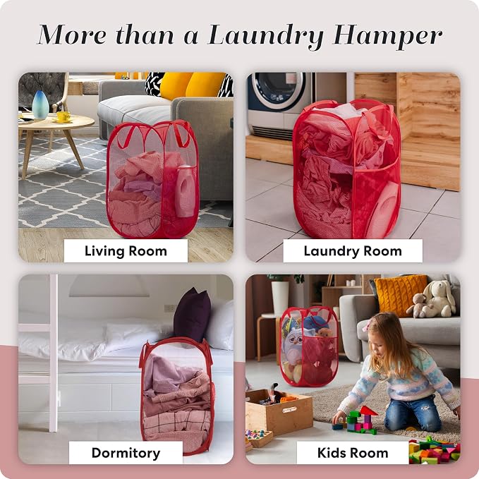 Handy Laundry Collapsible Mesh Pop Up Laundry Hamper 2-Pack – Space-Saving, Breathable Basket with Wide Opening & Side Pocket, Durable & Foldable for Clothes, Storage, Travel, Dorm, Red