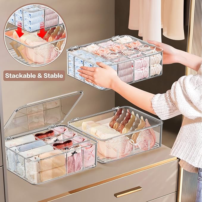 DILIBRA Socks Underwear Drawer Organizer for Closet, 16 Compartment Removable Divided Plastic Clear Sock Storage Box with Lid, Underwear Storage Tie Organizer Box for Bra Socks Ties Scarf Tea Bag