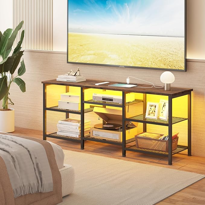 YGEOMER TV Stand for Living Room TVs Up to 50 Inches, Entertainment Center with Power Outlet and LED Lights Open Storage Shelves, TV Console for Bedroom, Rustic Brown