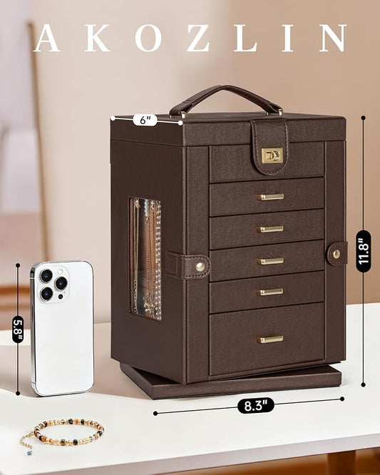AKOZLIN 6-Tier Jewelry Box Organizer Functional 5 Drawers Leather Jewelry Storage Case for Women Girls Ring Necklace Earring Bracelet Holder Organizer with Mirror Brown 360° Rotating