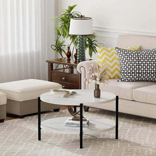 FAMIDGE Round Coffee Table, 27.6" Circle Coffee Table for Living Room, 2-Tier Wood Accent Center Table with Open Storage Industrial Design Home Furniture, White