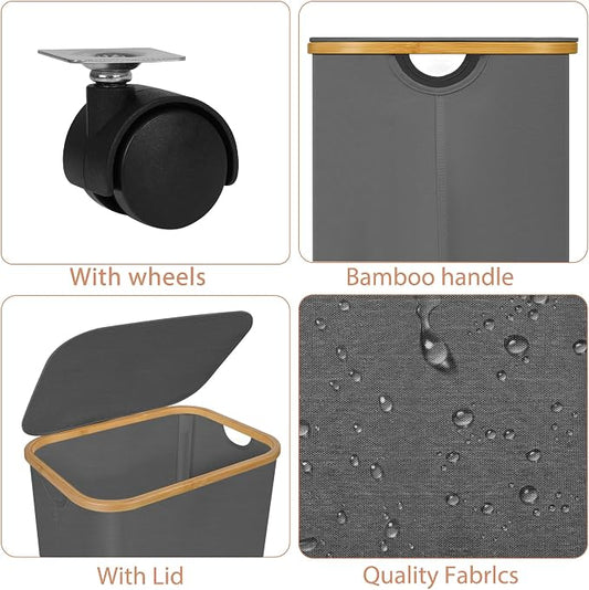 Laundry Basket with Wheels,100L Hampers for Laundry,Large Laundry Hamper with Lid and Bamboo Handles,Collapsible & Waterproof Tall Cloth Hamper for Dormitory Family,Grey