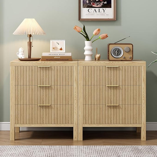 Nightstand with 6 Drawers, Dresser and Nightstand Sets, Bedside Tables, Mid Century Nightstands with 6 Wide Drawers for Bedroom, Kids’ Room, Hallway, (Natural X 2pcs)