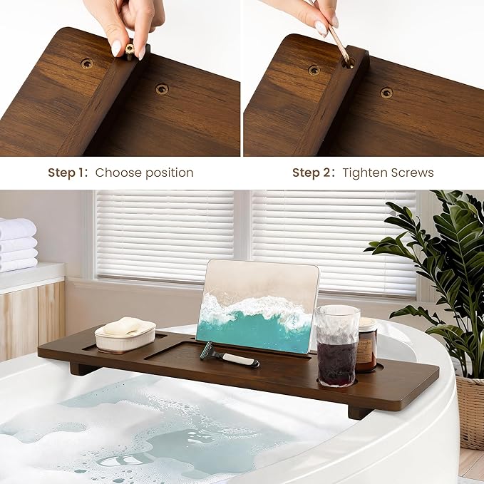 Teak Bathtub Tray - Wood Bath Caddy Tray 35" for Large Tubs - Adjustable Bathtub Table Trays - Luxury Shower Organizer for Home Spa Relaxation and Reading - Dark Walnut Color