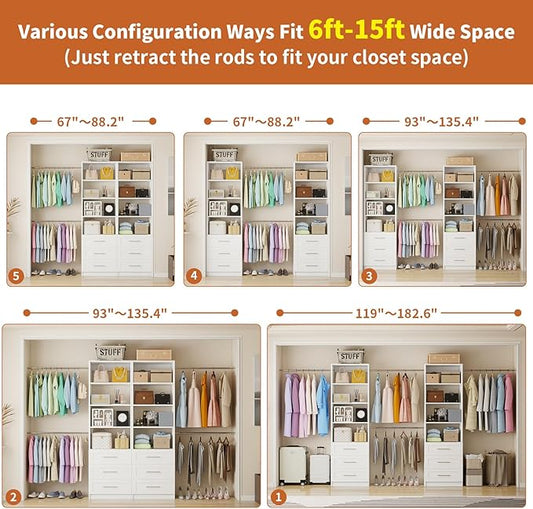Closet System with 6 Drawers, 5-14FT Custom Closet Organizer System with 8 Expandable Hanging Rods&Adjustable Shelves, Modular Wood Closet Systems Tower for Walk in Closet Storage, 2 Sets, White