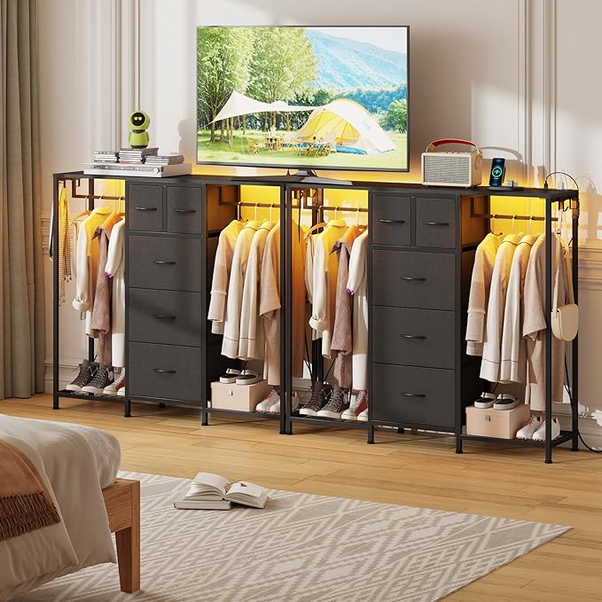 49.2”W Dresser with 2 Hanging Racks, 5 Drawers Dresser with LED Lights & Charging Station, Dressers with Clothes Rack, Shoe Racks and Side Hooks, TV Stand Chest of Drawers for Bedroom, Black