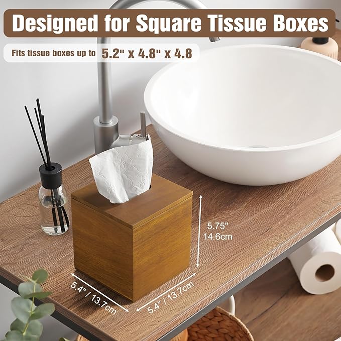 Dreamkey Acacia Wood Tissue Box Cover, Square Tissue Box Holder with Removable Top Lid, Solid Wooden Tissue Box Dispenser for Bathroom, Bedroom, Office