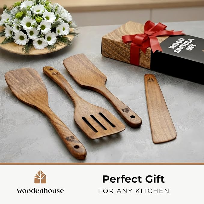 Wooden Spatula for Cooking, Teak Spatulas for Kitchen Use - Wooden Cooking Utensils Set of 4 including Paddle, Turner, Slotted Spurtle and Wood Scraper. Nonstick cookware.