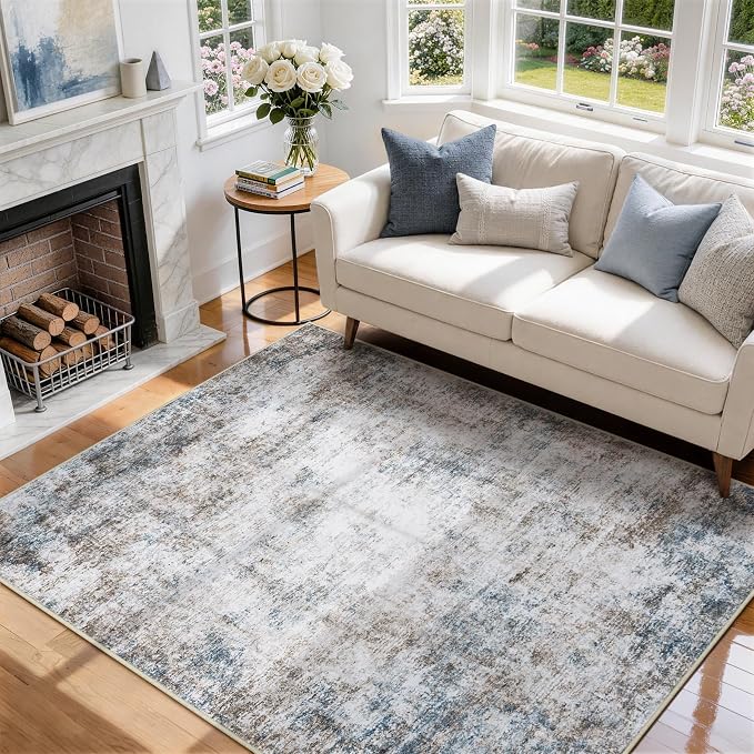 6x9 Area Rugs for Living Room Rug Washable: Abstract Rug for Dining Room Bedroom Carpet Non Slip 6 by 9 Indoor Modern Nursery Home Office White Brown Blue