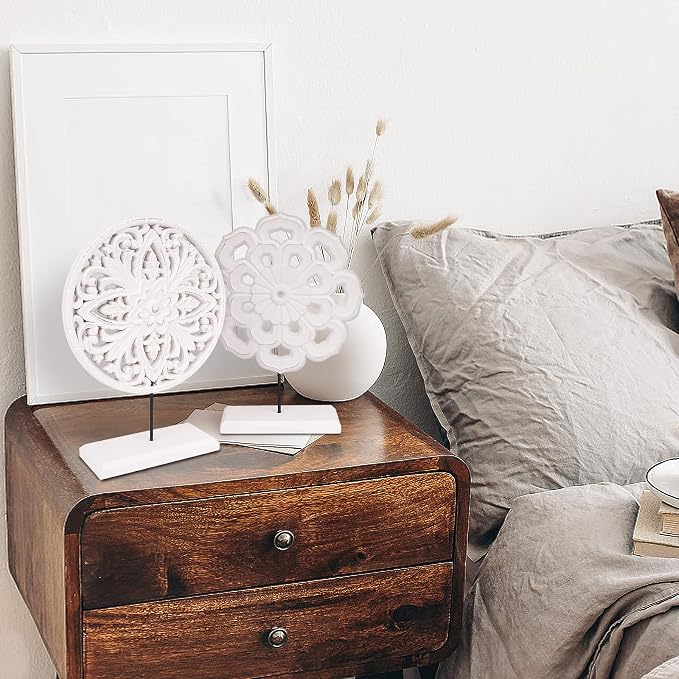 AXEARTE 2 Pack Wooden Carved Cutout Flower Medallion Sculpture, Rustic Distressed White MDF Statues Home Tabletop Decor, Decorative Ornaments for Living Room, Bedroom, Office Desktop, Cabinets