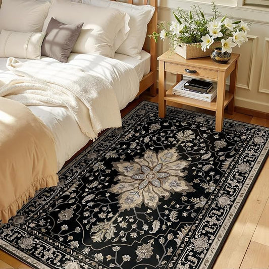 RELEANY Area Rugs 3'x5' Washable Non-Slip, Floral Vintage Distress Medallion Carpet for Living Room Bedroom Dining Room, Black Brown Neutral Dark Tan