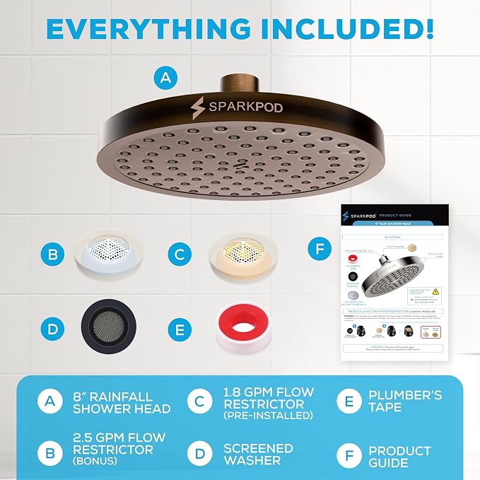 SparkPod Rain Shower Head, 8 Inch Round | High Pressure Shower Heads, 90 Nozzle (Touch-to-Clean), Adjustable Showerhead, No-tool Universal Connection
