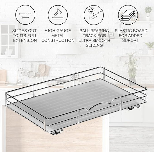 Pull-Out Cabinet Spice Rack Organizer - Slim Slide-Out Storage for Spices, Bottles & Jars, Premium Heavy-Duty Steel, Easy Install for Narrow Kitchen Cabinet - 16 ⅜ W x 10 ½ D x 2 ¾ H, Chrome