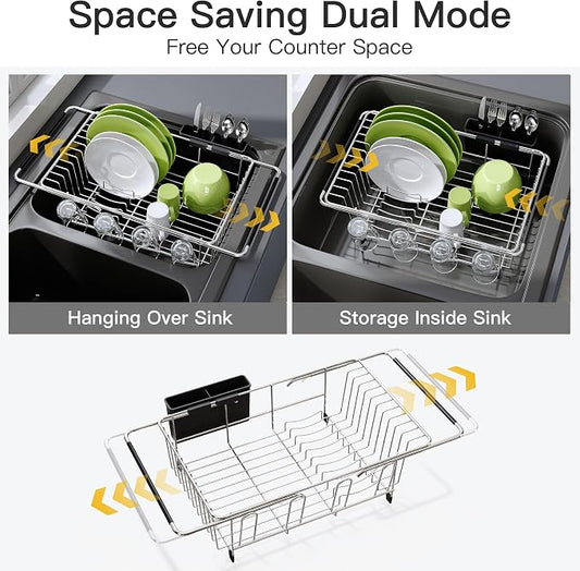 JASIWAY Dish Drying Rack in Sink, Expandable Stainless Steel Dish Drainers for Kitchen Counter, Dish Dryer Rack for Inside Sink, Over The Sink Dish Racks with Utensil Holder, Silver