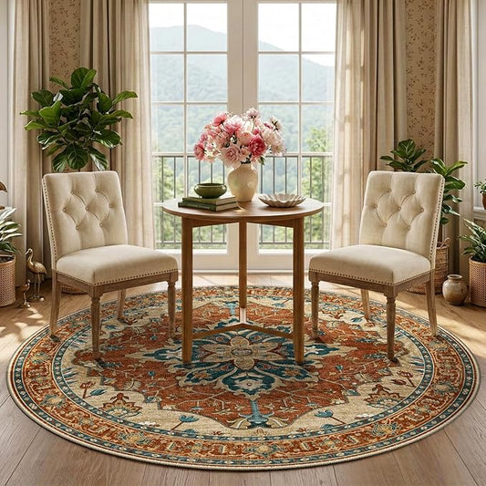 RELEANY Area Rugs Round 5ft Washable Non-Slip, Floral Vintage Distress Medallion Carpet for Living Room Bedroom Dining Room, Red Orange Blue Brown