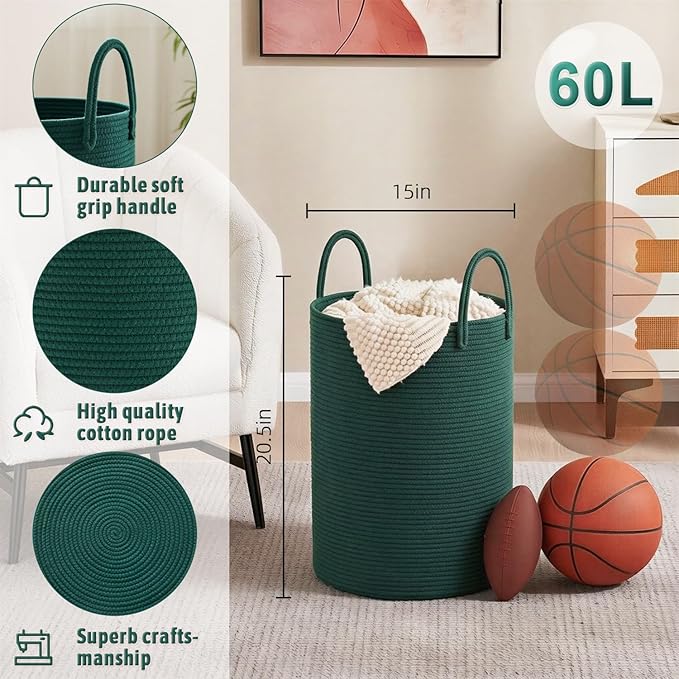 Artfeel Laundry Basket,Woven Cotton Rope Laundry Hamper,60L for Decorative Storage of Dirty Clothes,Toys and Blankets in Bathroom,Baby Room and Living Room