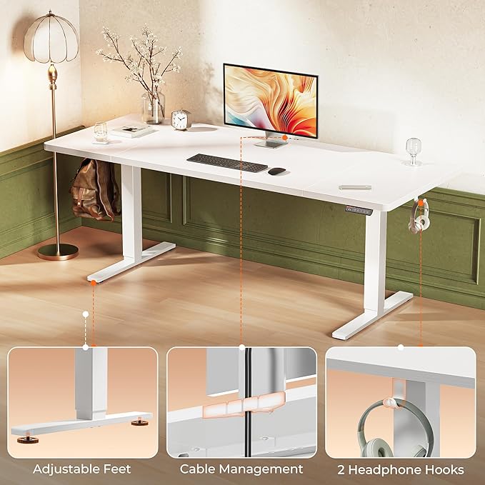 Huuger 71 x 30 Large Electric Standing Desk, Height Adjustable Computer Desk, 29.5" Deep Desktop, Stand up Gaming Office Table with 2 Hooks, 3 Preset Heights, for Home Office, White