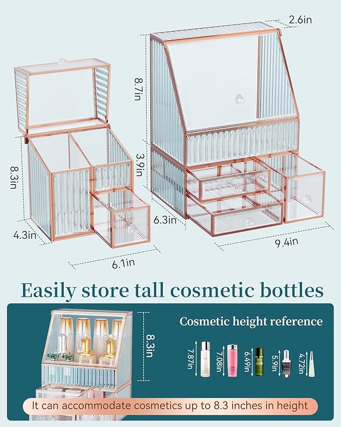 Youdepot Glass Makeup Organizer - Multi-Functional 3-in-1 Cosmetic Organizer for Skincare, Lipstick, Brushes - Vanity Organizer & Bathroom Organizer