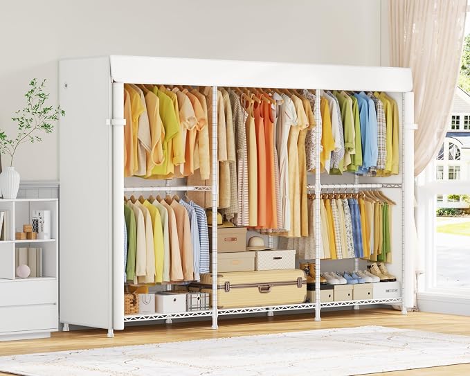 ULIFHOME E14C Max Heavy Duty Closet Organizer System,Freestanding Clothing Racks for Hanging Clothes,Adjustable Garment Rack 86" W × 16" D × 77" H Hold 1060 lbs,White Rack with White Cover