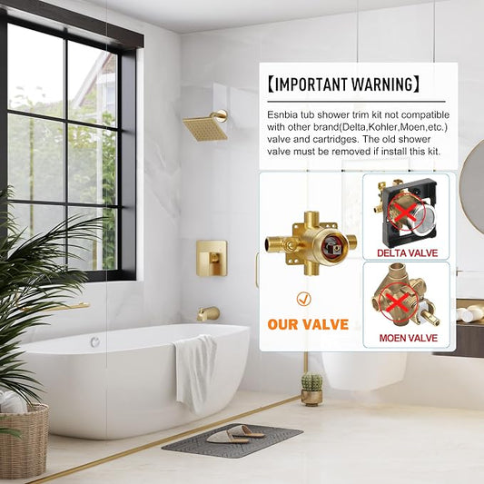 Esnbia Shower Tub Kit, Tub and Shower Faucet Set(Valve Included) with 6-Inch Rain Shower Head and Tub Spout, Single-Handle Tub and Shower Trim Kit,Brushed Gold